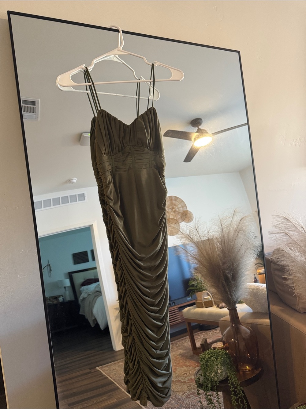 Hello Molly Olive Ruched Midi Dress with Double Spaghetti Straps